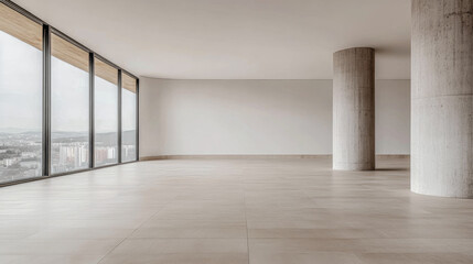 Fototapeta premium Minimalist empty room with large arches, neutral colors and natural lighting. Architectural concept image for luxury Real Estate.