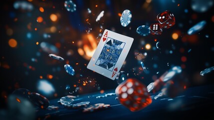 Aces and dice floating above casino table amidst vibrant lights and chips