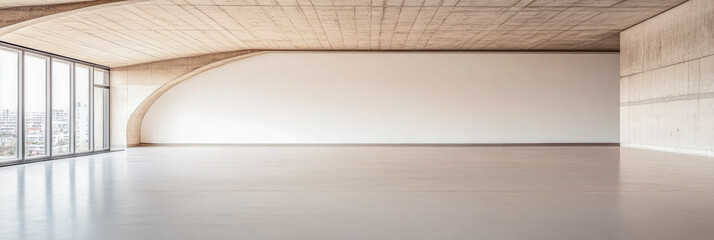 Fototapeta premium Minimalist empty room with large arches, neutral colors and natural lighting. Architectural concept image for luxury Real Estate.