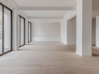 Fototapeta premium Minimalist empty room with large arches, neutral colors and natural lighting. Architectural concept image for luxury Real Estate.