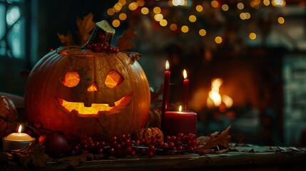 Smiling jack-o-lantern with glowing candlestick, surrounded by candles, and warm fireplace 