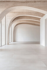 Fototapeta premium Minimalist empty room with large arches, neutral colors and natural lighting. Architectural concept image for luxury Real Estate.