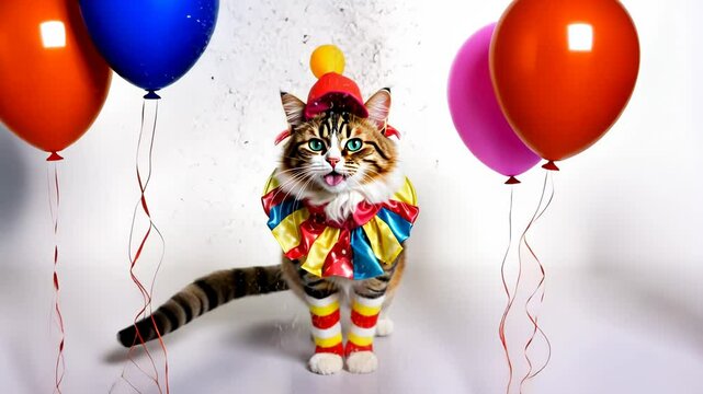 Funny portrait of happy smiling cat in colorful costume on festive  background with air balloons, birthday, anniversary or new year cat