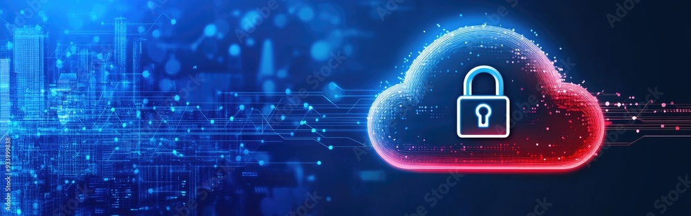 Poster a digital cityscape showcases a secure cloud with a lock and data connections