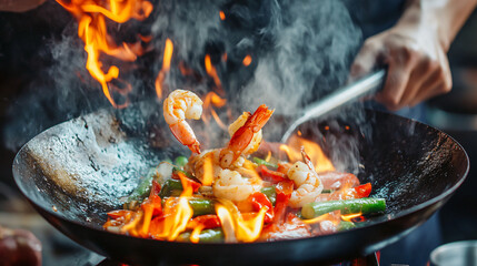 Master Chef Cooking Stir-Fry with Flaming Wok - Culinary Drama and Skill Concept