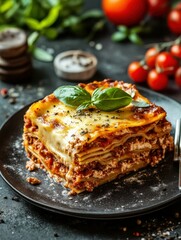 Delicious lasagna served on a black plate with fresh basil and tomatoes