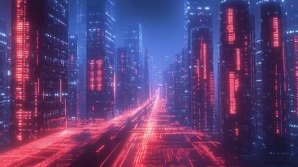 Neon Cityscape with a Futuristic Road and Glowing Towers