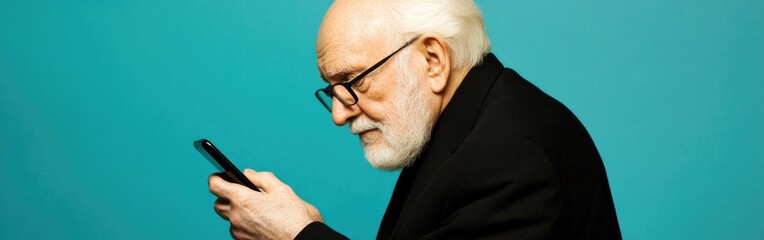 A senior businessman dressed in a suit engages with his smartphone, exuding confidence