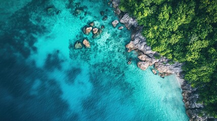 Aerial shot of Thailand's serene coastal waters with varying shades of blue and green, no boats or people.