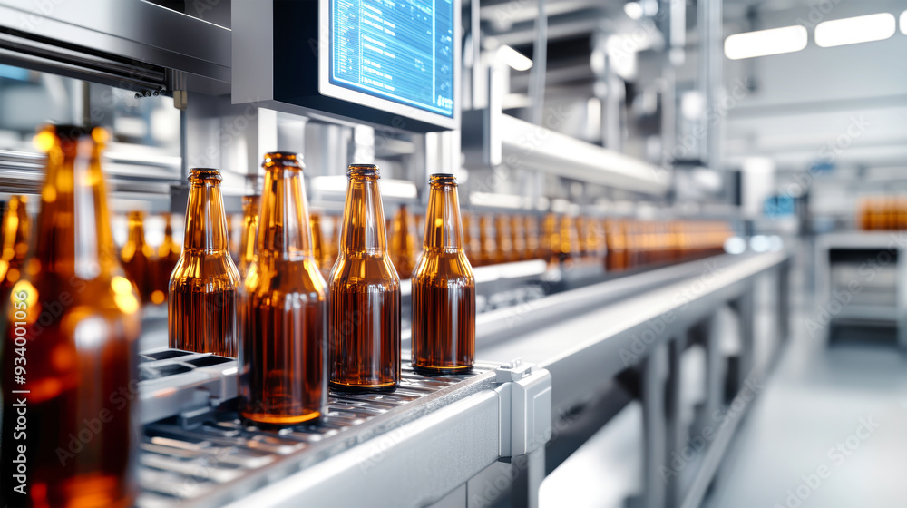 Poster the advanced bottling line efficiently fills brown glass bottles with beer as digital displays provi