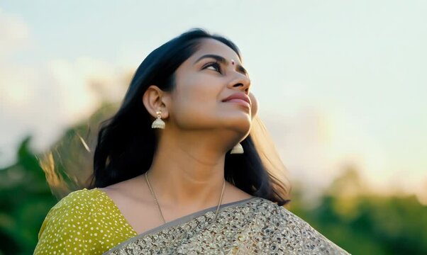 Bangladeshi Woman Gazing at the Sky in Traditional Attire