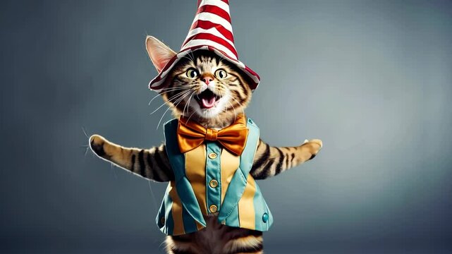 Funny portrait of happy smiling cat in colorful costume on festive  background with air balloons, birthday, anniversary or new year cat