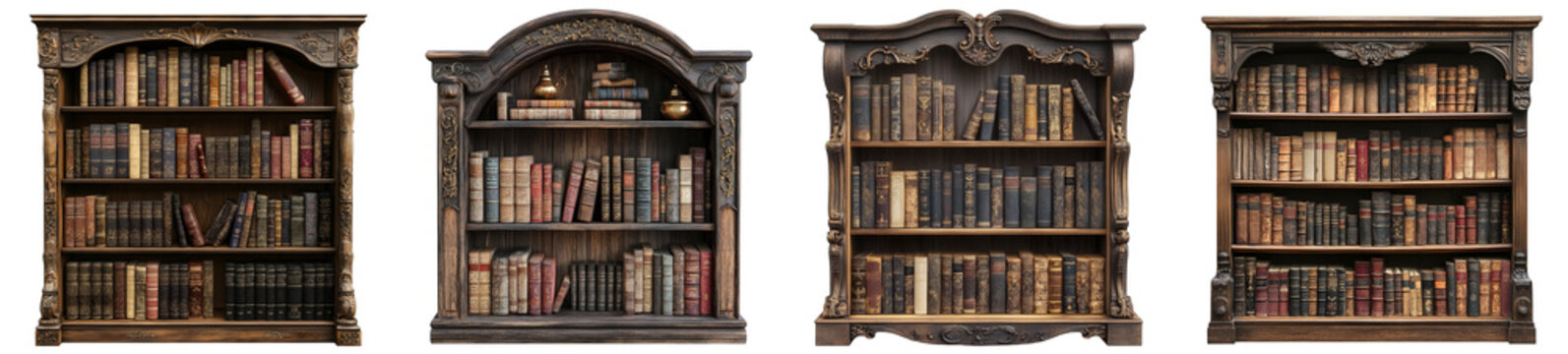 Antique wooden bookshelves filled with old books vintage library transparent background