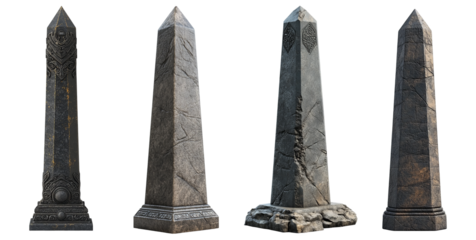 Ancient stone obelisks with engravings weathered historical monuments transparent background