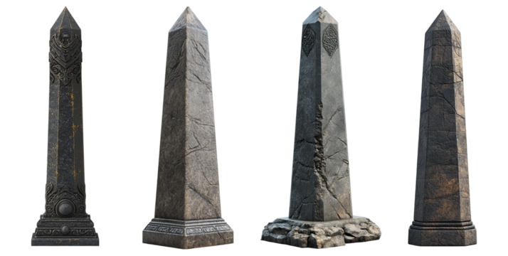 Ancient stone obelisks with engravings weathered historical monuments transparent background