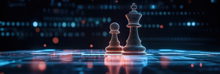 Wireframe Chess King and Pawn on a Digital Board