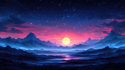 Fantasy landscape at night in cartoon or anime style, synthwave color.