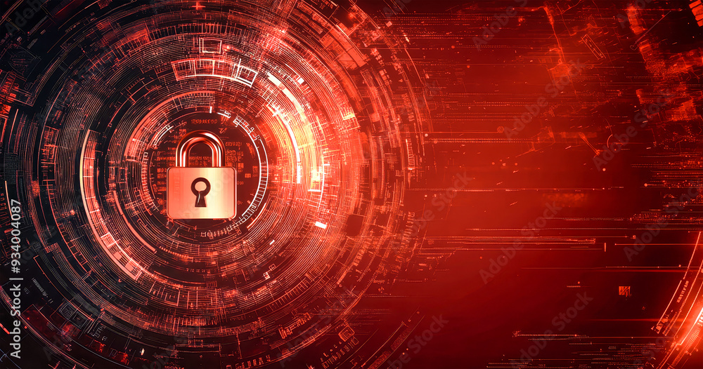 Poster a dynamic digital background showcases a padlock surrounded by intricate cyber elements, symbolizing