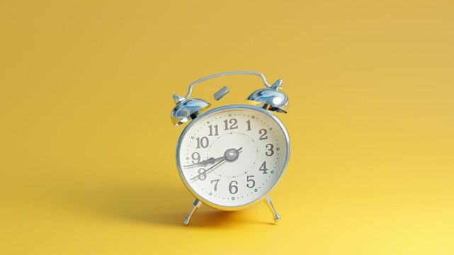 footage of funny alrm clock shaking alarm on yellow background, 3d illustration rendering