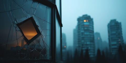 Broken Window with Cityscape in the Background
