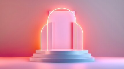 Minimalist 3D render of a white podium with neon lights.