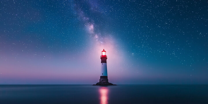 Lighthouse Under a Starry Sky - A Serene Night Landscape