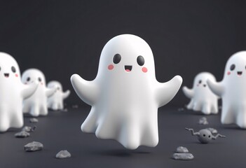 Cute ghost character floating above ground with other ghosts behind it.