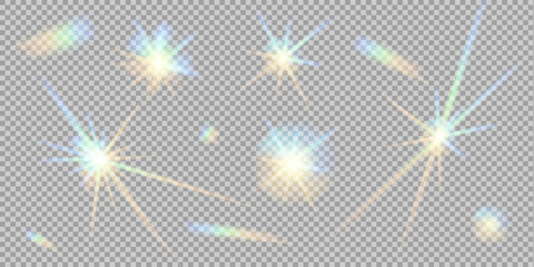 Set of different shapes glowing rainbow stars isolated on transparent background. Reflection light prism effect. Glare colorful reflection. Crystal rainbow reflection. Glowing star lights effect.