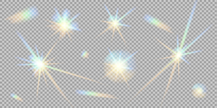 Set of different shapes glowing rainbow stars isolated on transparent background. Reflection light prism effect. Glare colorful reflection. Crystal rainbow reflection. Glowing star lights effect.