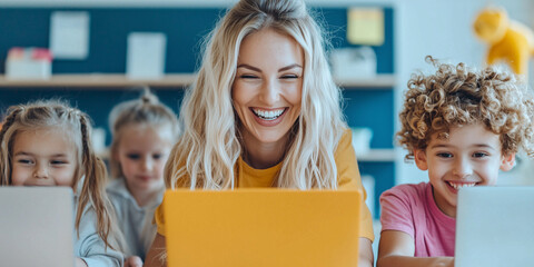 Happy Children Learning with Teacher in Classroom