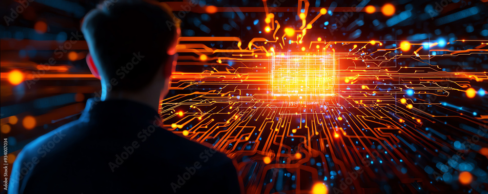 Poster a person observes an abstract digital interface filled with vibrant lights, representing technology 