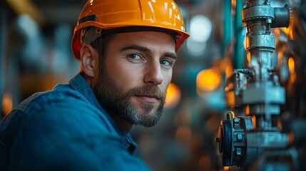 A focused professional inspects complex equipment in a warm-lit industrial environment, showcasing expertise and attention to detail