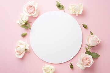White Circle with Roses on Pink Background