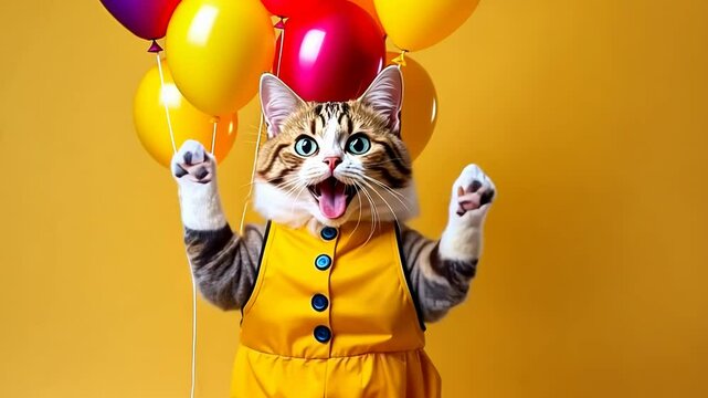 Birthday dancing cat, portrait of happy smiling cat in  costume and hat on yellow background with air balloons, birthday, anniversary kitty