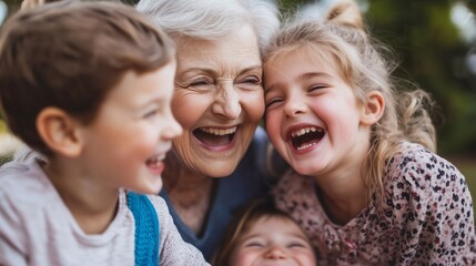 Grandmother shares joyful laughter with grandchildren in a sunny park during the afternoon