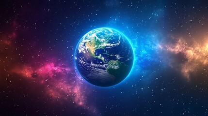 Fototapeta premium Planet Earth with vibrant colors of land and sea surrounded by stars