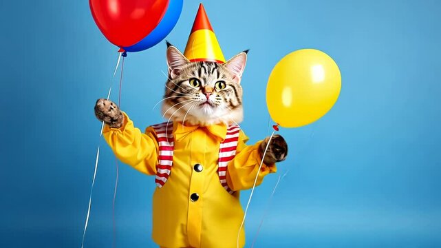 Birthday dancing cat, portrait of happy smiling cat in yellow costume and hat on blue background with air balloons, birthday, anniversary kitty