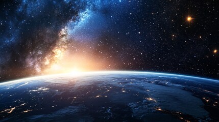 Earth seen from a distance in space with bright stars in the background