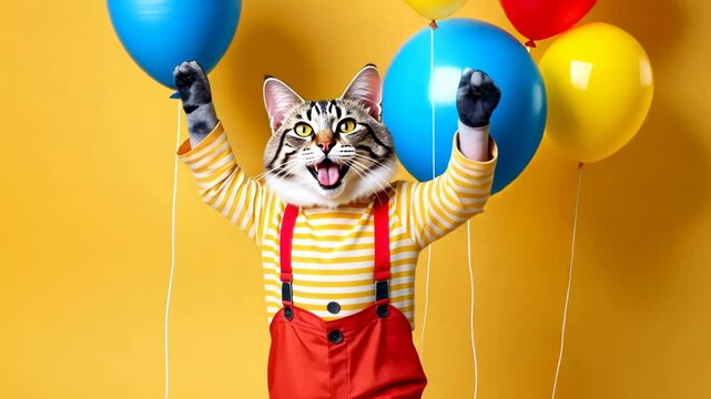 Birthday dancing cat, portrait of happy smiling cat in  costume and hat on yellow background with air balloons, birthday, anniversary kitty