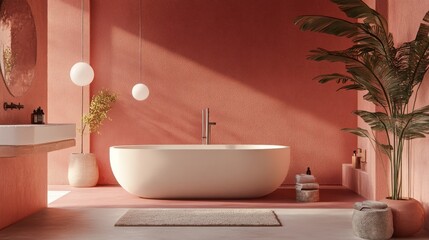 Modern Bathroom Interior with White Tub, Coral Walls, and Natural Elements