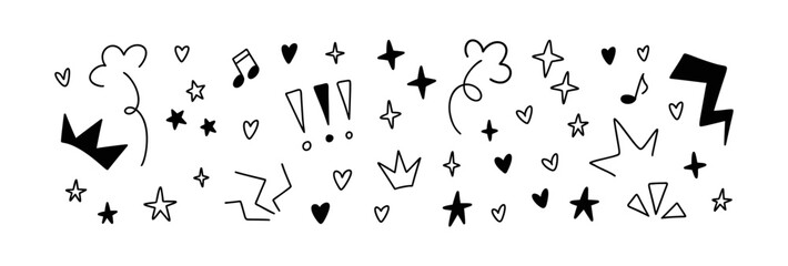 Set of grunge emo doodle elements. Handwriting hearts, stars, music notes, movement and motion expressions. Crayon pencil scribbles. Punk graffiti background