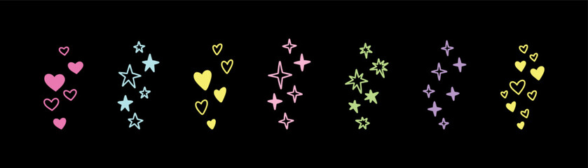 Cute line doodle heart and stars spray. Neon bright acid handwriting. Colorful pen, marker illustration. Crayon scribble. Kid childish drawing. Random falling elements