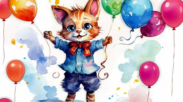 watercolor card dancing happy smiling cat in colorful costume on festive white background with air balloons, birthday, anniversary kitty
