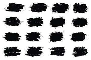 Set of vector paint brush strokes, ink splash, and grunge brush. Dirty artistic design elements, boxes, frames. Vector illustration.