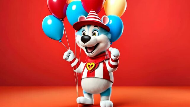 Cartoon dancing Funny portrait of happy smiling dog on red background with air balloons, birthday, anniversary or new year puppy