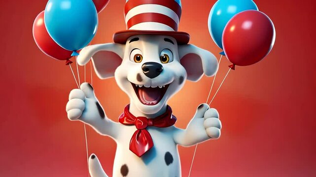 Cartoon dancing Funny portrait of happy smiling dog on red background with air balloons, birthday, anniversary or new year puppy