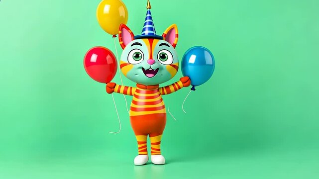 Funny dancing cartoon portrait of happy smiling cat on green background with air balloons, birthday, anniversary or new year kitty