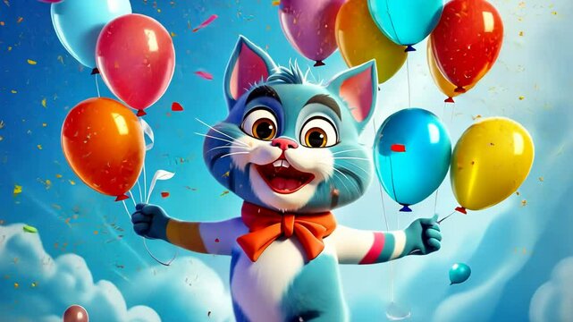 cartoon dancing Funny portrait of happy smiling cat on blue heaven background with air balloons, birthday, anniversary excited cat 