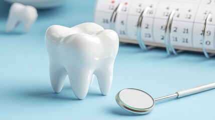 A reminder calendar for a dental visit, featuring a dental appointment check. The calendar includes a tooth and dental mirror on a blue background, with space for text.
