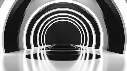 Naklejka premium An abstract background featuring a black and white round tunnel podium, with reflections on a glossy floor.